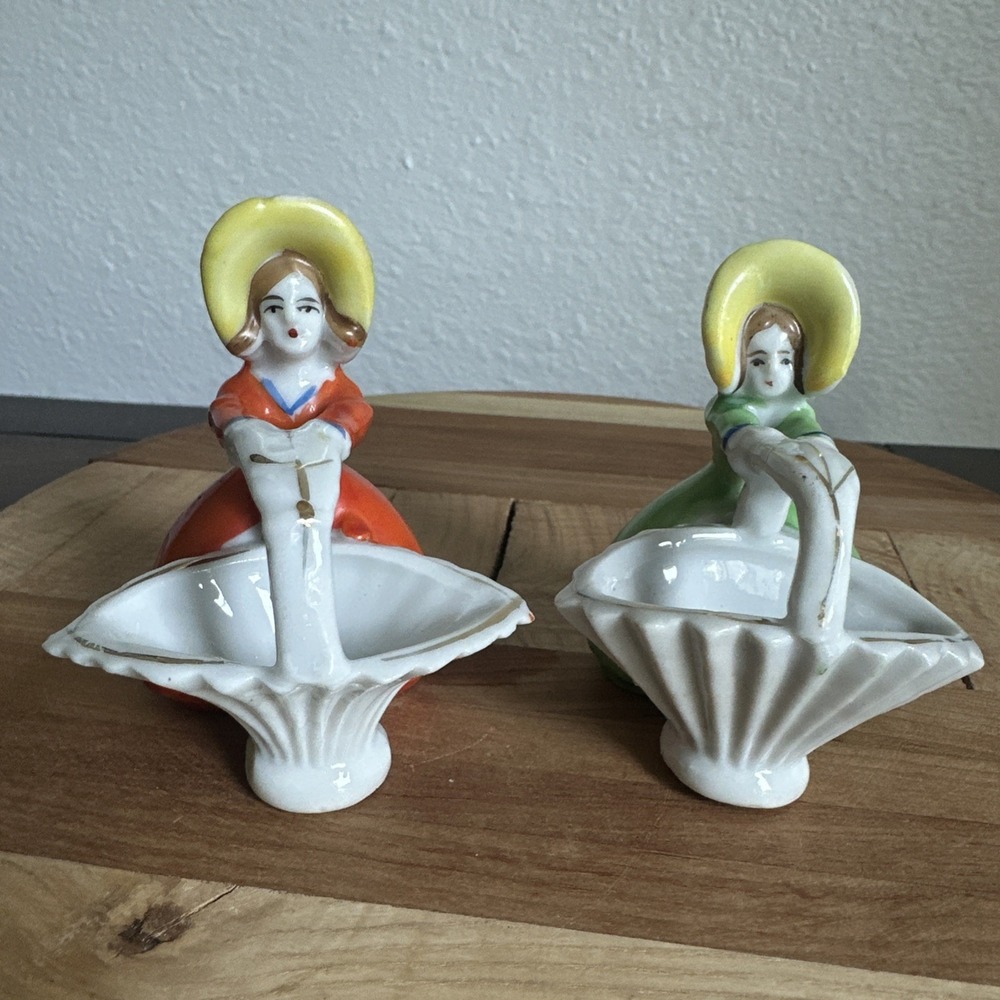 Vintage Bonnet Lady Porcelain Toothpick Holder Set 3 Inch Kitsch Figurine Japan